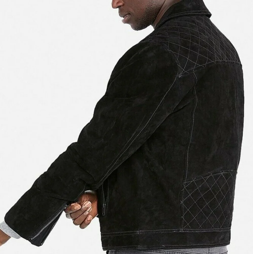 EXPRESS Genuine Black Suede Quilted Biker Bomber Moto Jacket Unisex - Picture 7 of 7